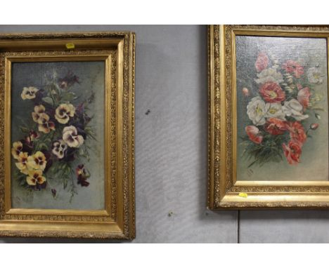 A PAIR OF GILT FRAMED STILL LIFE OIL ON CANVAS OF FLORAL STUDIES SIGNED K M N DATED 1907