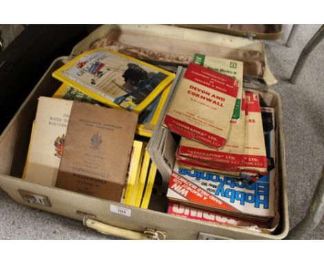 A VINTAGE SUITCASE CONTAINING A SELECTION OF 'GEOGRAPHIA' MILEAGE MAPS, MAGAZINES ETC