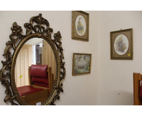 A MODERN OVAL MIRROR WITH FLORENTINE STYLE TOGETHER WITH A SELECTION OF PRINTS AND A LAMP