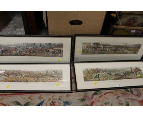 A SET OF FOUR LANDSCAPE FRAMED AND GLAZED HUNTING SCENE AQUA TINTS BY T SUTHERLAND COMPRISED OF 'MEETING AT COVER' 'BREAKING 