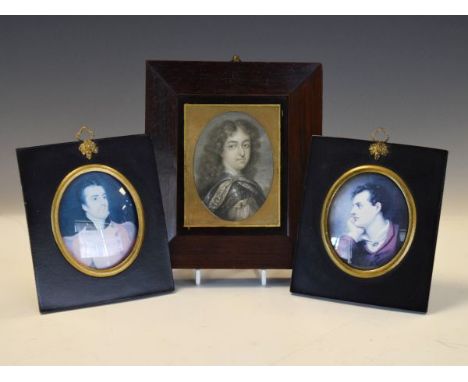 19th Century rosewood framed oval miniature printed portrait of a gentleman wearing armour, together with two reproduction pr