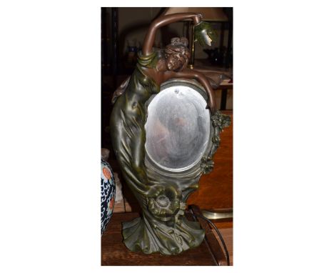 Modern bronzed composition table lamp/mirror formed as an Art Nouveau maiden  