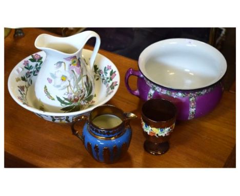 Portmeirion jug and basin, chamber pot and two pieces of copper lustre  