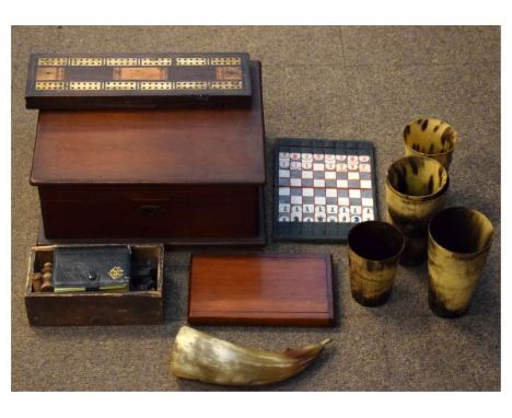 Collection of horn beaker, mahogany box, cribbage board etc  