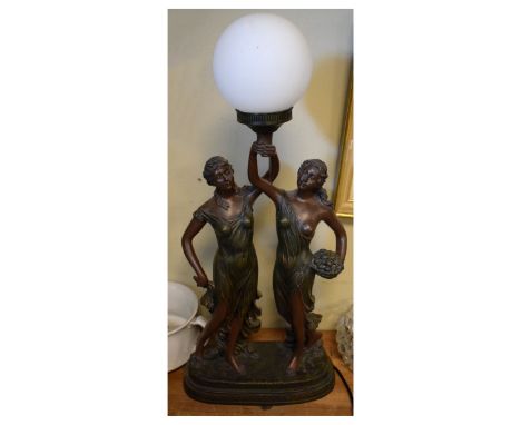Modern composition bronze finish lamp depicting two classical maidens  
