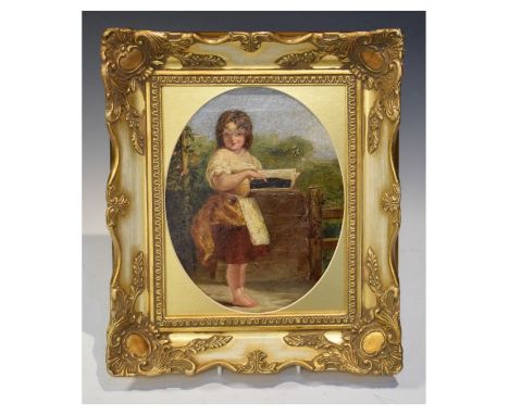 19th Century English School - Oval oil on canvas - Study of a girl standing at a gate, unsigned, 24cm x 18.5cm, framed  