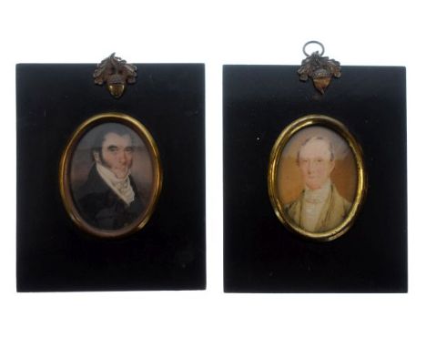 19th Century portrait miniature of a gentleman wearing blue jacket in rectangular ebonised frame, and one other portrait mini