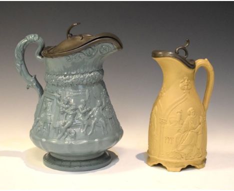 Two mid 19th Century relief-moulded stoneware flagons, the first by T. &amp; R. Boote modelled with lancet-shaped figural pan