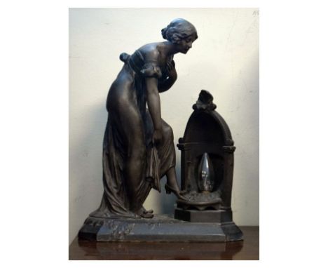 Late 19th Century bronzed spelter figural lamp formed as a lady warming her legs at a fireplace  