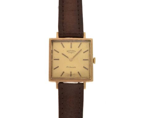 Gentleman's Rotary 9ct gold cased wristwatch having gold coloured dial with baton markers on brown leather strap  