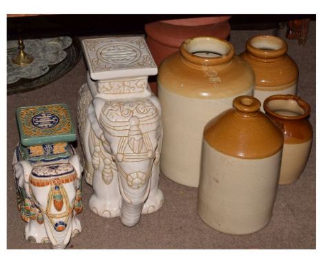 Two ceramic elephant ornaments, stoneware jars etc  