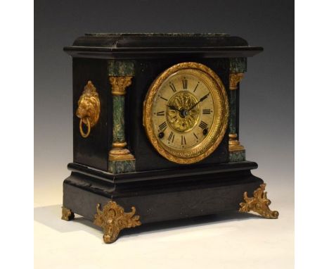 American ebonised mantel clock in the French taste by Seth Thomas, with two-train movement, simulated green marble roof and c