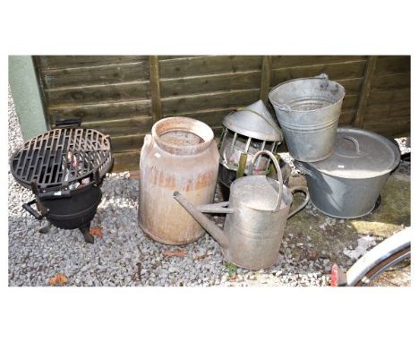 Mini barbeque, galvanised bucket, basin, watering can etc  