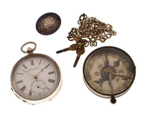 Gentleman's silver key wind pocket watch, the Roman dial with subsidiary seconds dial, together with a compass, a silver Youn