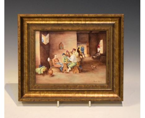 Francis Clark (Royal Worcester porcelain artist) - A painted porcelain plaque depicting figures in a tavern interior, signed 