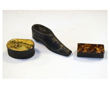 Snuff box formed as a boot, one other horn and tortoiseshell rectangular snuff box and a third oval example, the cover with p