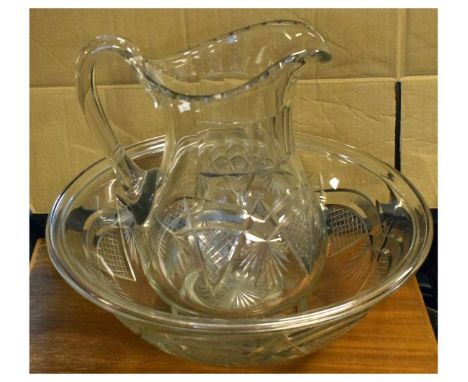 Early 20th Century heavily cut glass water jug and basin  