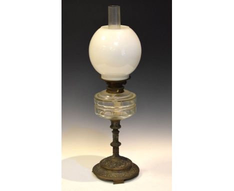 Late 19th Century paraffin lamp with opaque shade and clear reservoir on cast stepped circular base, 55.5cm high excluding ch