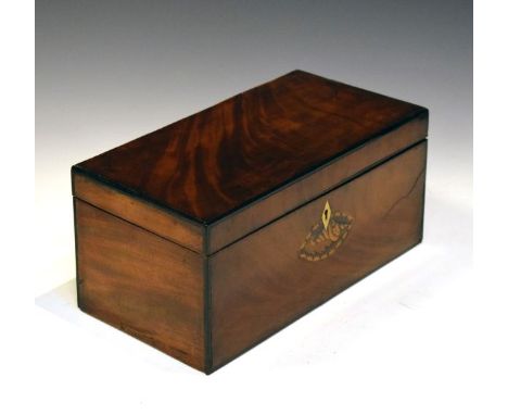 George III inlaid mahogany rectangular tea caddy having a later partitioned interior with central mixing bowl  