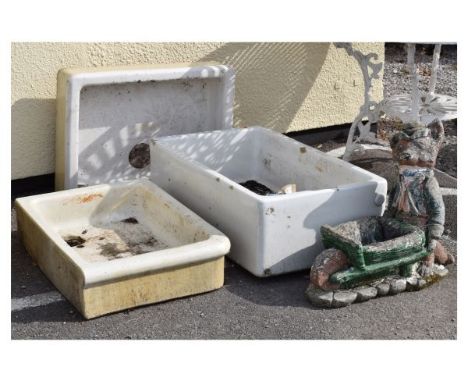 Three vintage ceramic sinks and three garden figures  