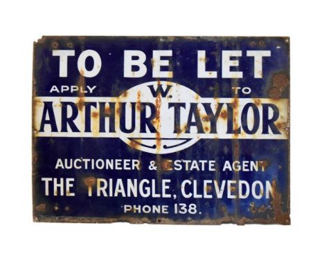 Vintage enamel 'To Let' sign relating to W. Arthur Taylor of Clevedon, 46cm x 61cm  