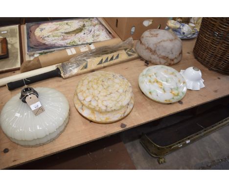 A Trio of early 20th Century opaque glass hanging shades, 3 marbled glass pendant light shades and 1 other (7) 