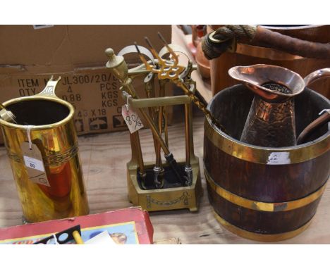 Brass fire companions, brass bound oak planter, copper jug, etc. 