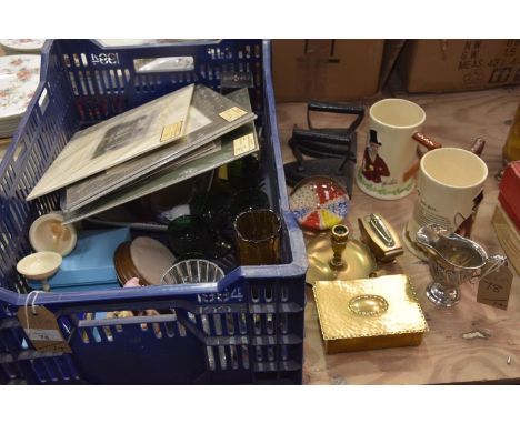 A collection of sundry items to include John Peel jugs, brass cigarette box, plated helmet shaped cream jug, chamber stick, f