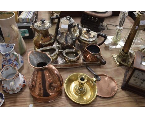 A quantity of plated ware and metal ware to include plated teawares, two handled tray, a 19th Century copper haystack measure