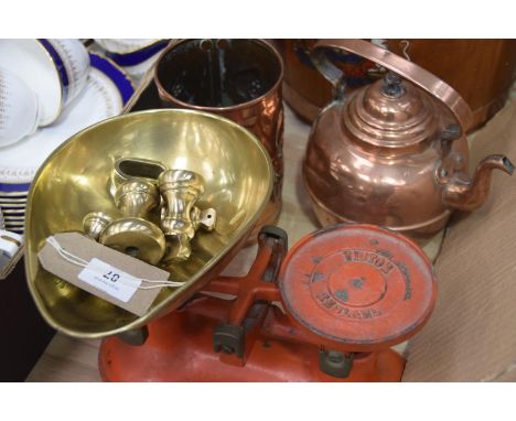 A copper Art Nouveau tankard embossed with stylized flowers, brass bell weights and a set of Victor kitchen scales. 