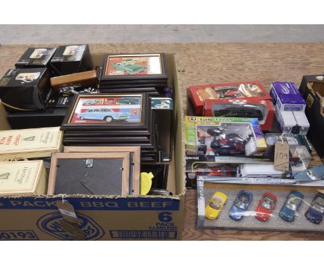 A Collection of reproduction car advertising prints, Guiness party packs and advertising effects, boxed die cast models, etc.
