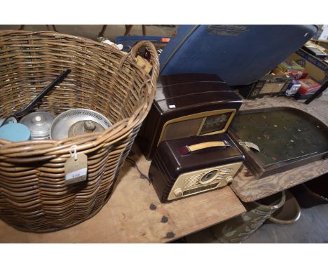 A Wicker basket , vintage kitchen ware, a Bakelite Ultra radio , a second radio and bagatelle board. 