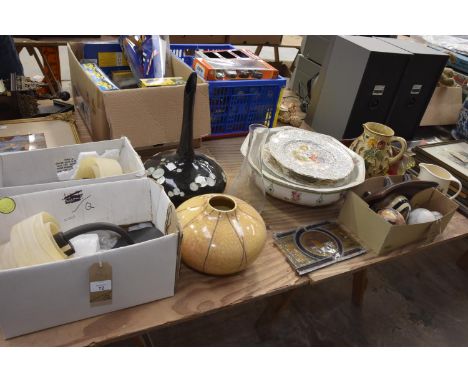 Sundry items to include two wall light fittings, various vases, simulated marble balls and a collection of pictures and print