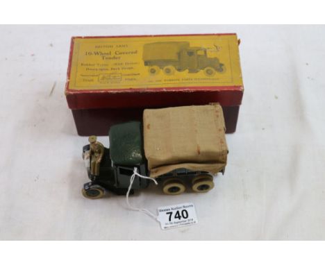 Boxed Britains 1432 British Army 10-Wheel Covered Tender Lorry complete with driver, some wear and paint loss, wear to box