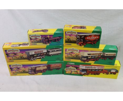 Six boxed Corgi Classics Showmans Range diecast models to include 14101 Tuby's, 21701 John Codona's Pleasure Fairs, 24801 Sil