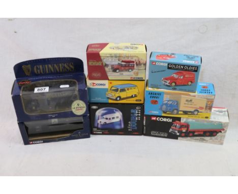 Eight boxed Corgi diecast models to include Guiness, Tate & Lyle, Guy Invincible, Archive, Nine Double Nine, Golden Oldies, H