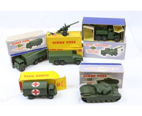 Six boxed Dinky military diecast models to include Supertoys 661 Recovery Tractor, 622 10 Ton Army Truck and 651 Centurion Ta