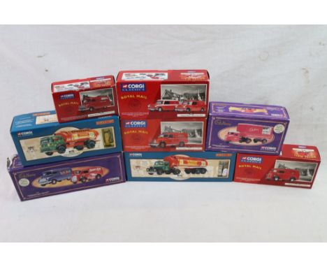 Eight boxed Corgi Classics to include Royal MAIL X 4 (08002, 06203, 07401 & 05605), Shell & BP x 2 (22801 & 16306) and Cadbur