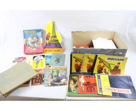 Quantity of Meccano Ephemera including Meccano Shop Display Advertising Cardboard Sign with Easel Back, Meccano Magazines dat