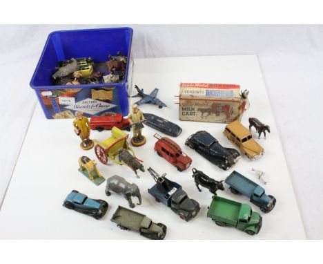 Collection of vintage diecast and tin plate models to include Dinky and Triang Minic and boxed Scale Model Milk Cart (box poo