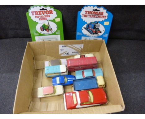 Box of nine playworn Corgi and Dinky diecast vehicles, together with two Ertl Thomas The Tank Engine diecast models in bliste