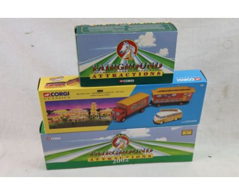 Three boxed Corgi 1:50 fairground related diecast models to include Fairground Attractions x 2 (CC10706 Carters & CC10802 Har