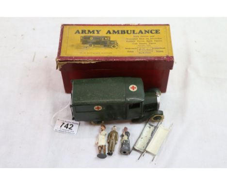 Boxed Britains 1512 Army Ambulance complete with driver and wounded man on stretcher plus two nurses, wear to tyres, some pai