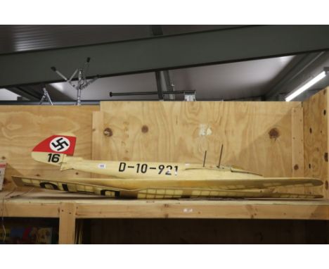 Large r/c light wood bi plane with Nazi Swastika to tail, gd condition, 25" in length with wingspan of 58"
