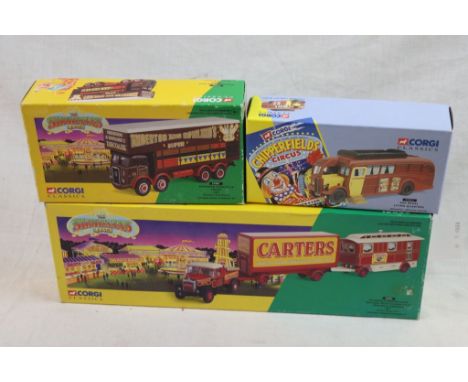 Three boxed ltd edn Corgi fairground and circus diecast models to include The Showmans Range x 2 (16501 Carters Steam Fair & 