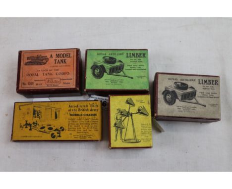 Five boxed Britains metal military accessories to include 2 x 1726 Howitzer Limber, 1638 Air Force Equipment Sound Locator, 1