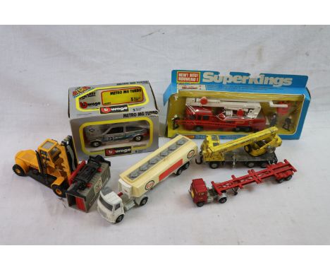 Group of diecast model vehicles to include boxed Burago 1/24 Metro MG Turbo, boxed Matchbox Superkings K39 Snokel Fire Engine