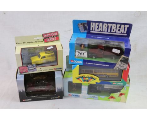 Five boxed Corgi TV related diecast models to include The Beatles Magical Mystery Tour 42403 Bus, Dads Army 09002 Mr Jones, O