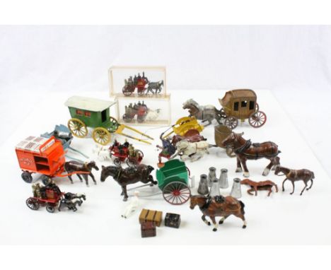 Group of vintage metal horse, carts and carriage models to include Charbens and Hills, play wear with paint loss in most case