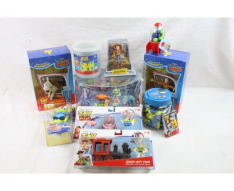 Nine boxed Disney Pixar Toy Story toys and collectables to include TS2 Real Working Marionettes (Woody & Bullseye), 2 x Buddy